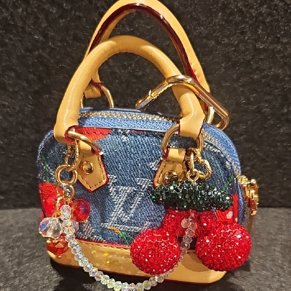 Denim and Gold Mini Bag with Cherry Charm - Picture 5 of 6